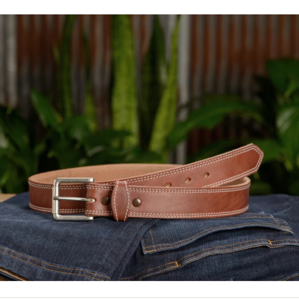 Bull Hide Belt The Maverick Hot Dipped Tan Double Stitched 1.50" Size 46 - Picture 3 of 9